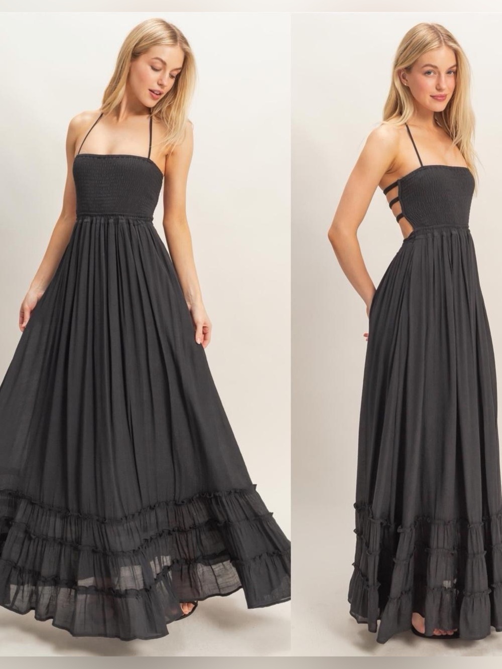 Cotton Candy Black Smocked Halter Maxi Dress with Open Back